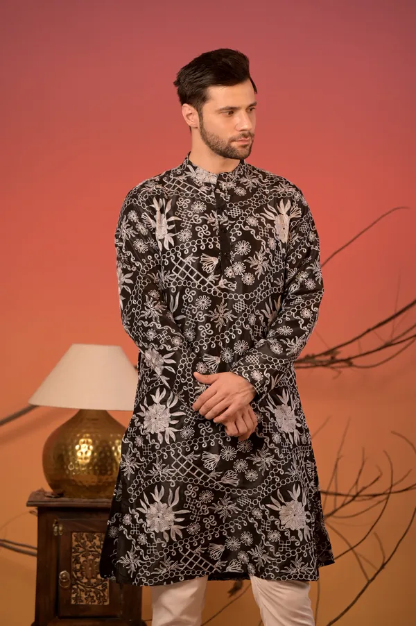 Black_Embroidered_Silk_Kurta_With_Hakoba_Sequin_Nehru_Jacket_&_Trousers_Set_For_Men