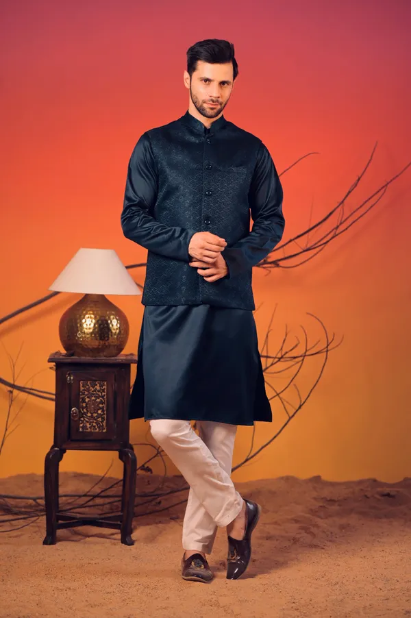 Midnight_Blue_Silk_Kurta_With_Matching_Jacquard_Nehru_Jacket_&_White_Trousers_Set_For_Men