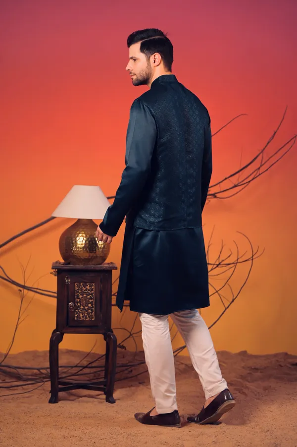 Midnight_Blue_Silk_Kurta_With_Matching_Jacquard_Nehru_Jacket_&_White_Trousers_Set_For_Men