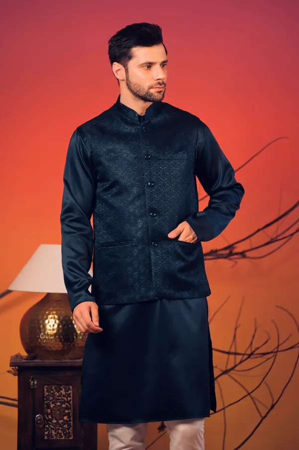 Midnight_Blue_Silk_Kurta_With_Matching_Jacquard_Nehru_Jacket_&_White_Trousers_Set_For_Men