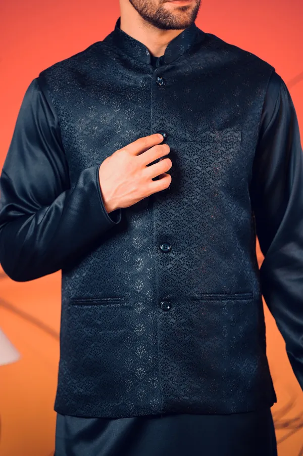 Midnight_Blue_Silk_Kurta_With_Matching_Jacquard_Nehru_Jacket_&_White_Trousers_Set_For_Men