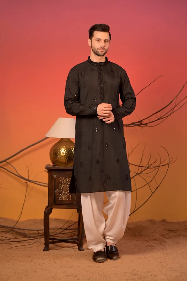 Black_Embroidered_Silk_Kurta_With_Sequin_Detailing_&_White_Salwar_Set_For_Men