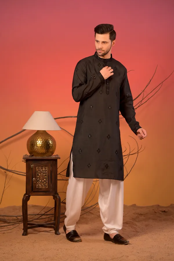 Black_Embroidered_Silk_Kurta_With_Sequin_Detailing_&_White_Salwar_Set_For_Men