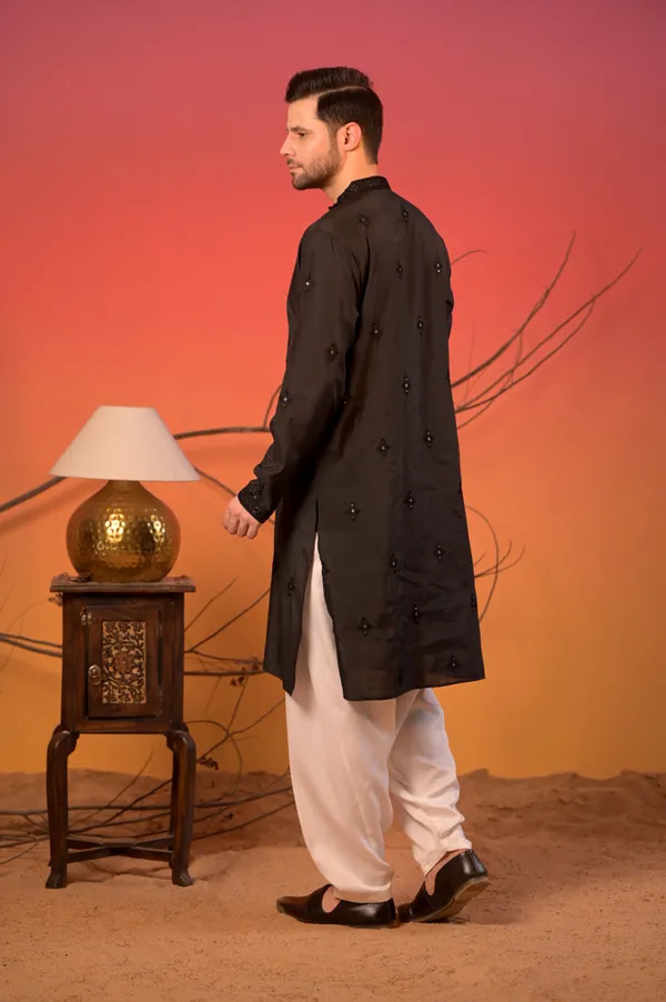 Black_Embroidered_Silk_Kurta_With_Sequin_Detailing_&_White_Salwar_Set_For_Men