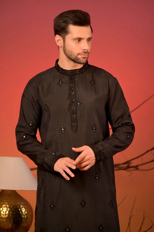 Black_Embroidered_Silk_Kurta_With_Sequin_Detailing_&_White_Salwar_Set_For_Men