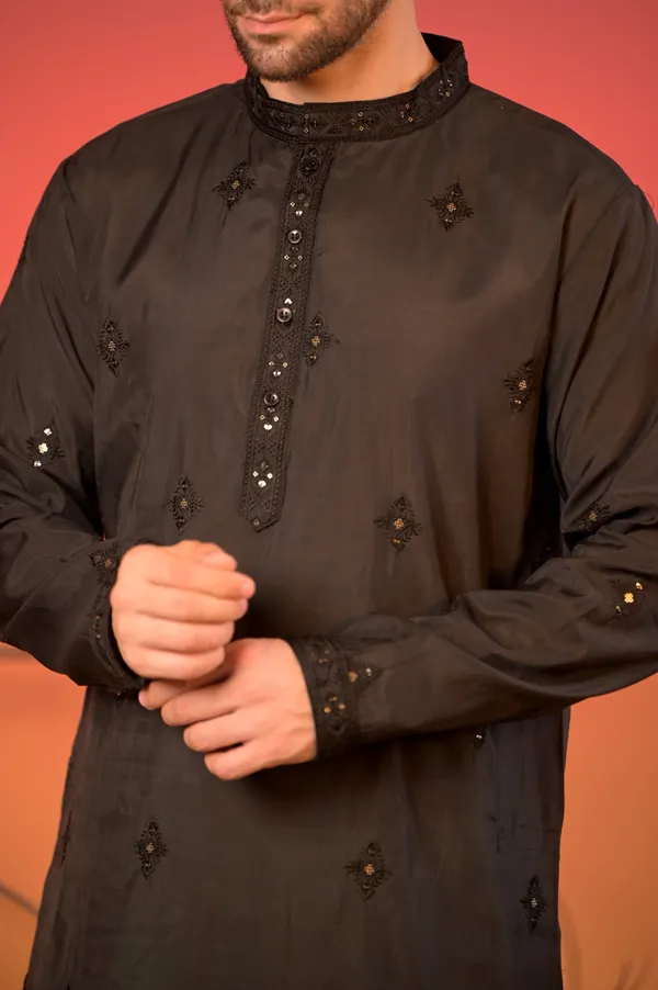 Black_Embroidered_Silk_Kurta_With_Sequin_Detailing_&_White_Salwar_Set_For_Men