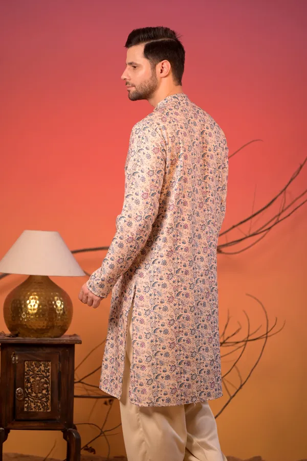 Pastel_Beige_Floral_Printed_Cotton-Silk_Kurta_With_Golden_Zari_Work_&_Cream_Salwar_Set_For_Men