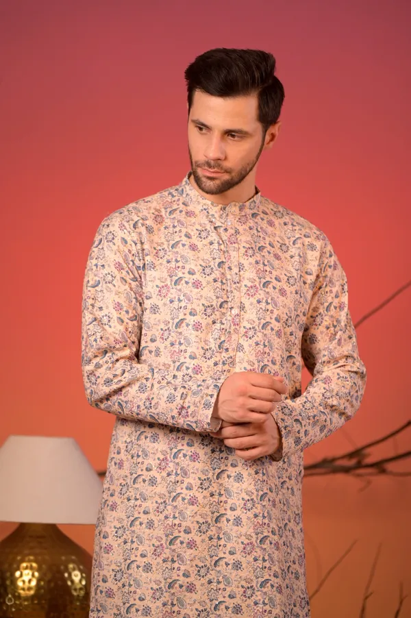 Pastel_Beige_Floral_Printed_Cotton-Silk_Kurta_With_Golden_Zari_Work_&_Cream_Salwar_Set_For_Men