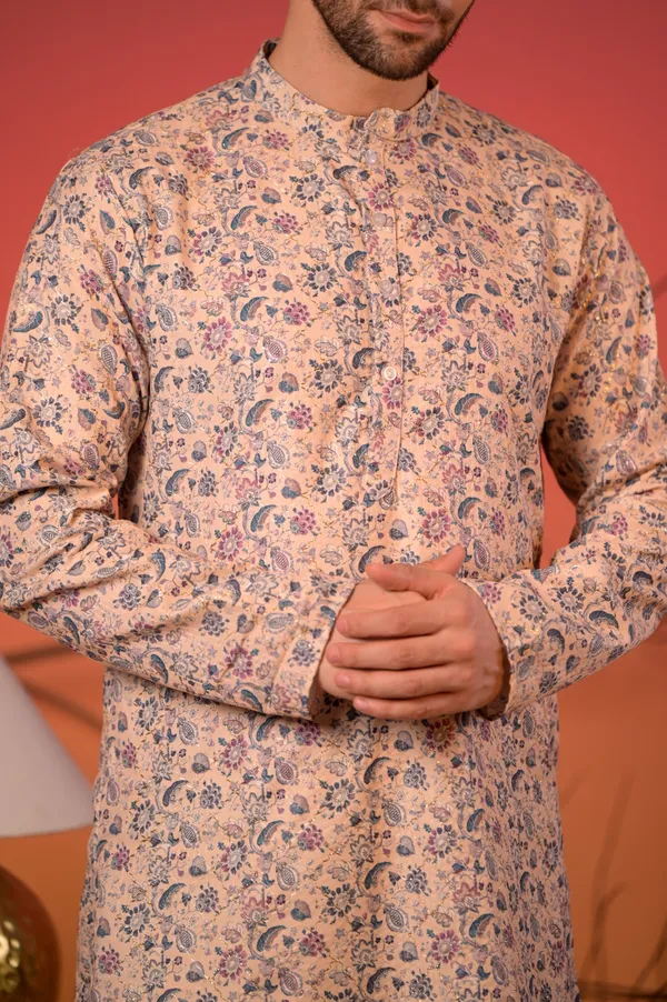 Pastel_Beige_Floral_Printed_Cotton-Silk_Kurta_With_Golden_Zari_Work_&_Cream_Salwar_Set_For_Men