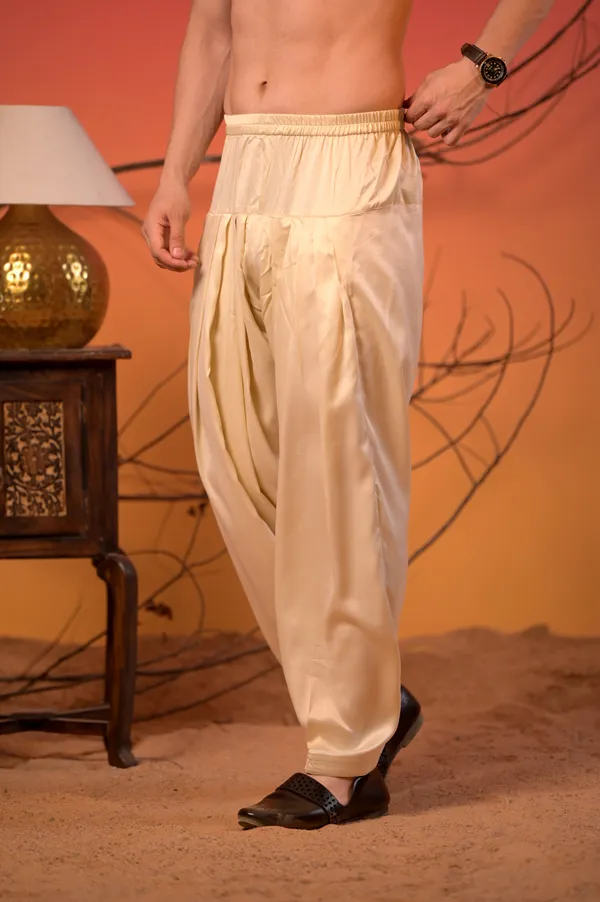 Pastel_Beige_Floral_Printed_Cotton-Silk_Kurta_With_Golden_Zari_Work_&_Cream_Salwar_Set_For_Men