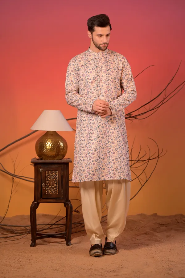 Pastel_Beige_Floral_Printed_Cotton-Silk_Kurta_With_Golden_Zari_Work_&_Cream_Salwar_Set_For_Men