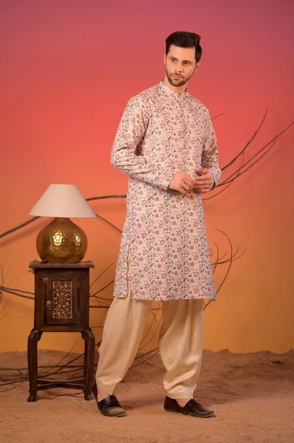 Pastel_Beige_Floral_Printed_Cotton-Silk_Kurta_With_Golden_Zari_Work_&_Cream_Salwar_Set_For_Men
