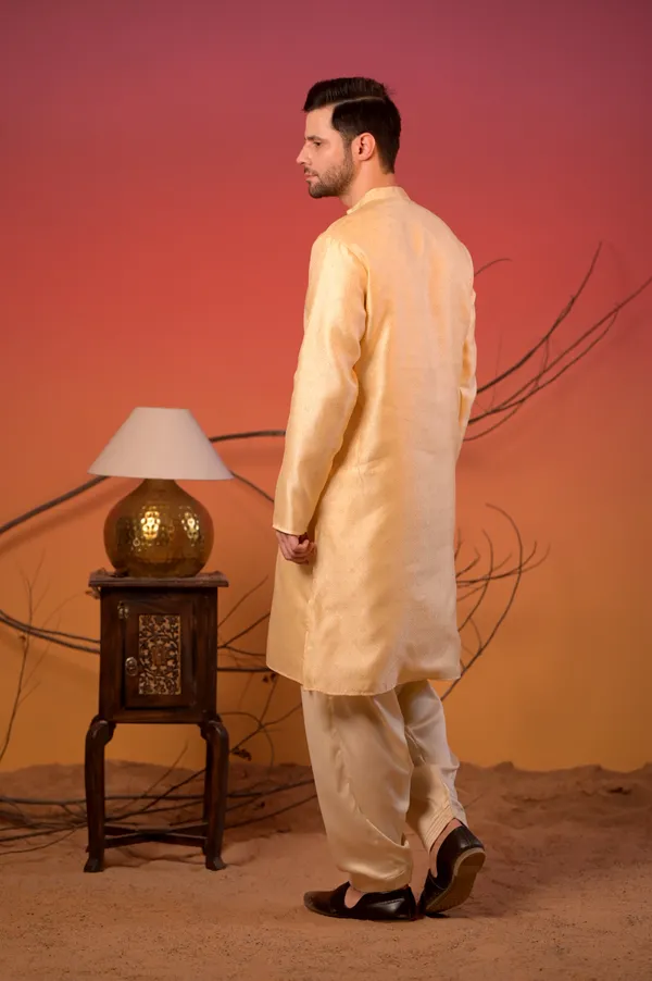 Yellow_Jacquard_Kurta_With_Subtle_Motif_Weave_&_Cream_Salwar_Set_For_Men