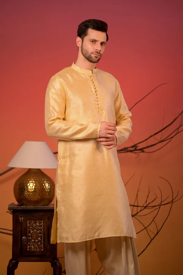 Yellow_Jacquard_Kurta_With_Subtle_Motif_Weave_&_Cream_Salwar_Set_For_Men