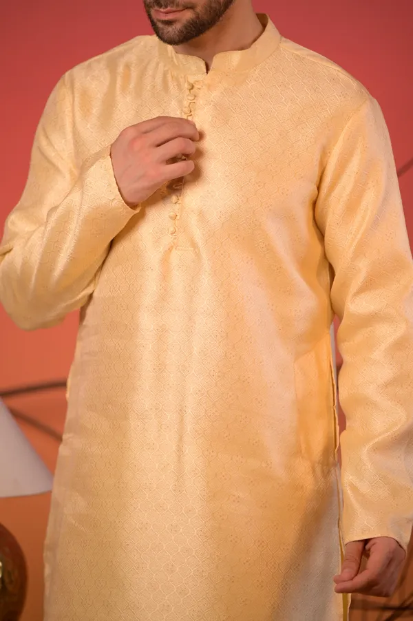 Yellow_Jacquard_Kurta_With_Subtle_Motif_Weave_&_Cream_Salwar_Set_For_Men