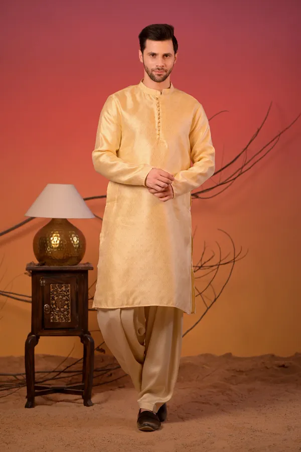 Yellow_Jacquard_Kurta_With_Subtle_Motif_Weave_&_Cream_Salwar_Set_For_Men