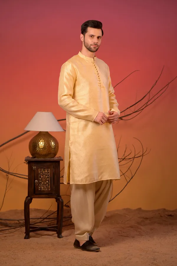 Yellow_Jacquard_Kurta_With_Subtle_Motif_Weave_&_Cream_Salwar_Set_For_Men