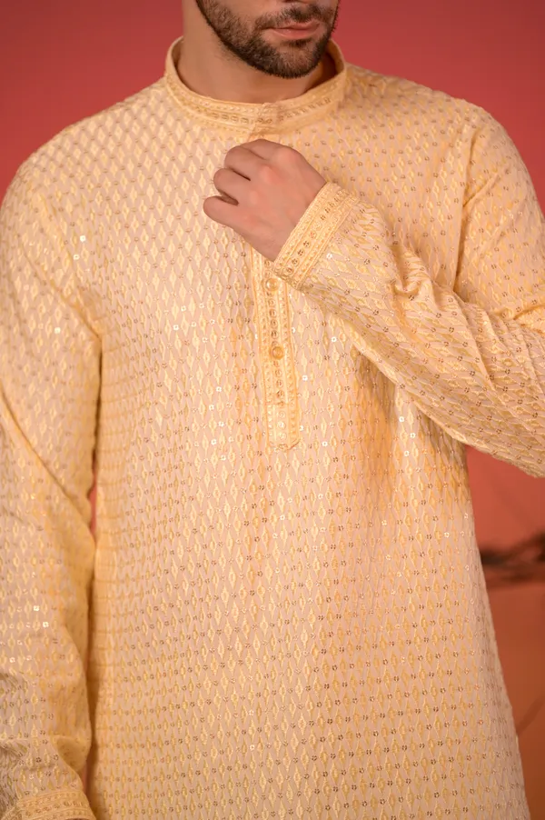 Beige_Cotton-Silk_Kurta_With_Silk_Thread_Diamond_Work_&_Cream_Salwar_Set_For_Men