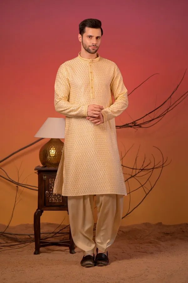 Beige_Cotton-Silk_Kurta_With_Silk_Thread_Diamond_Work_&_Cream_Salwar_Set_For_Men