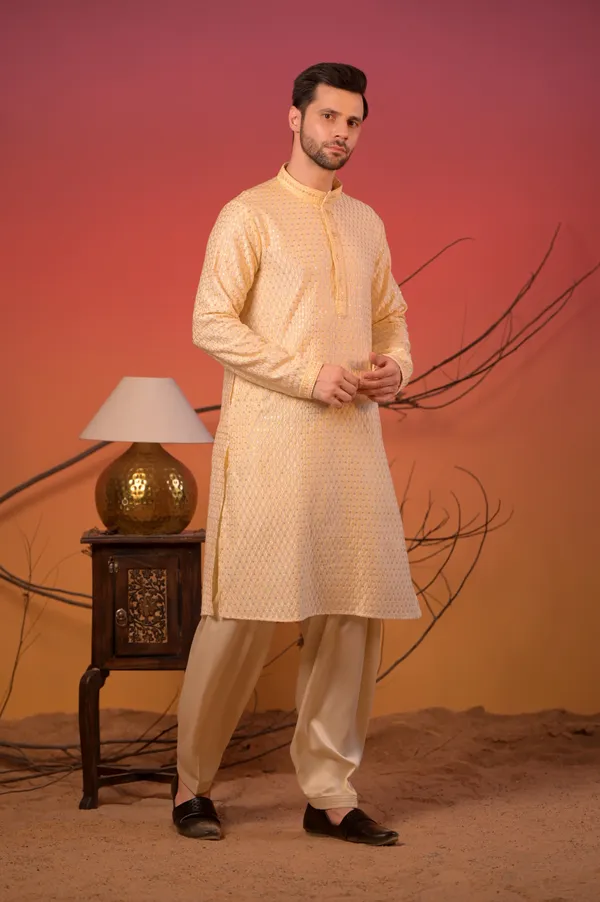 Beige_Cotton-Silk_Kurta_With_Silk_Thread_Diamond_Work_&_Cream_Salwar_Set_For_Men