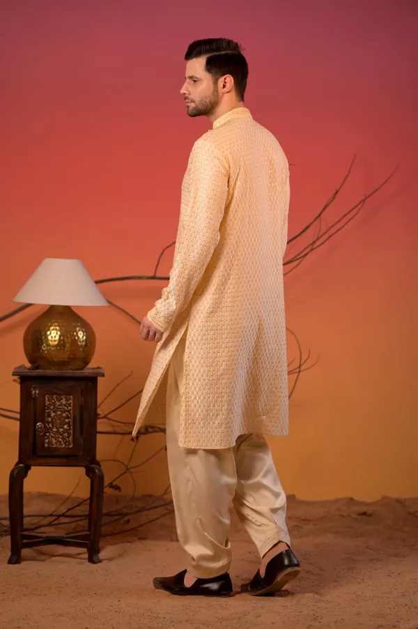 Beige_Cotton-Silk_Kurta_With_Silk_Thread_Diamond_Work_&_Cream_Salwar_Set_For_Men