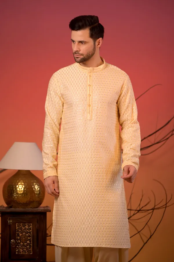 Beige_Cotton-Silk_Kurta_With_Silk_Thread_Diamond_Work_&_Cream_Salwar_Set_For_Men