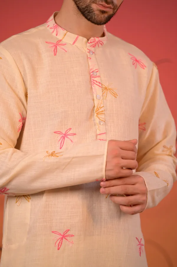 Off-White_Embroidered_Linen_Kurta_With_Pink_&_Mustard_Palm_Motifs_And_Cream_Salwar_Set_For_Men