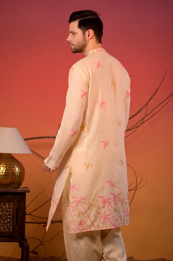 Off-White_Embroidered_Linen_Kurta_With_Pink_&_Mustard_Palm_Motifs_And_Cream_Salwar_Set_For_Men