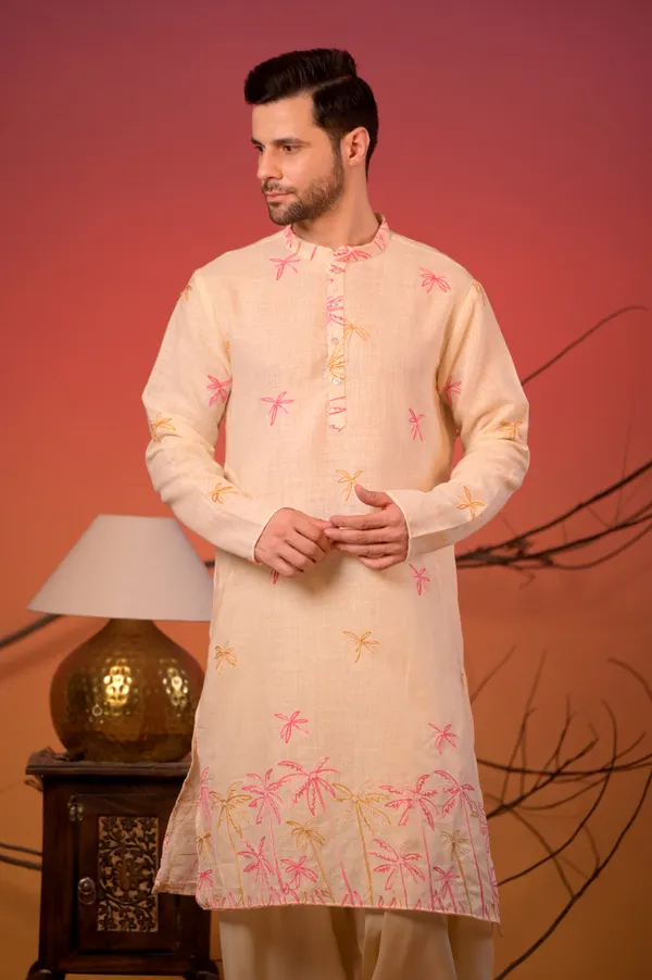 Off-White_Embroidered_Linen_Kurta_With_Pink_&_Mustard_Palm_Motifs_And_Cream_Salwar_Set_For_Men