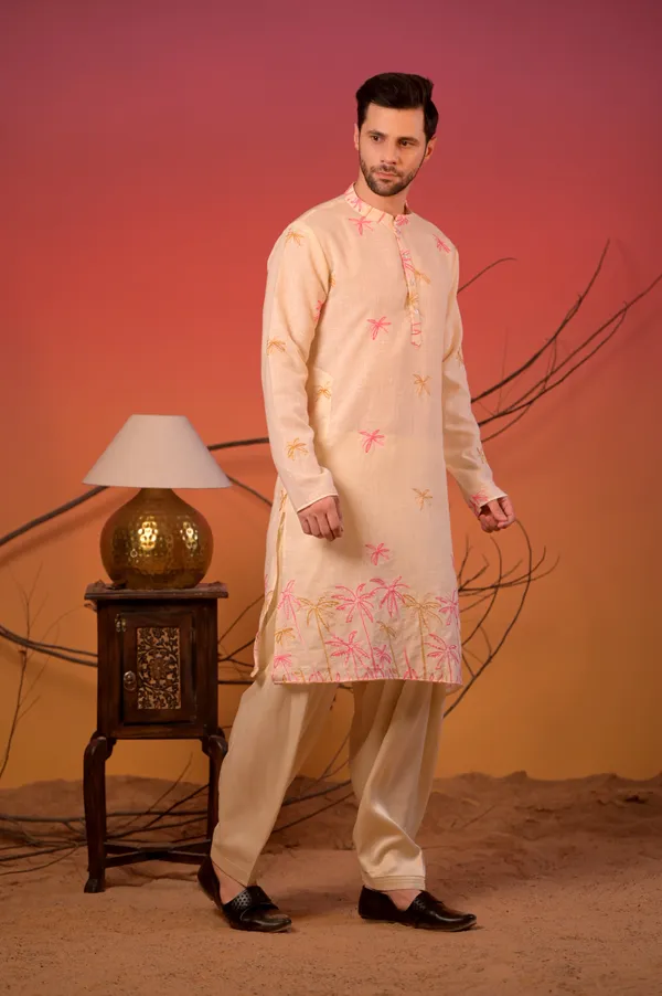 Off-White_Embroidered_Linen_Kurta_With_Pink_&_Mustard_Palm_Motifs_And_Cream_Salwar_Set_For_Men