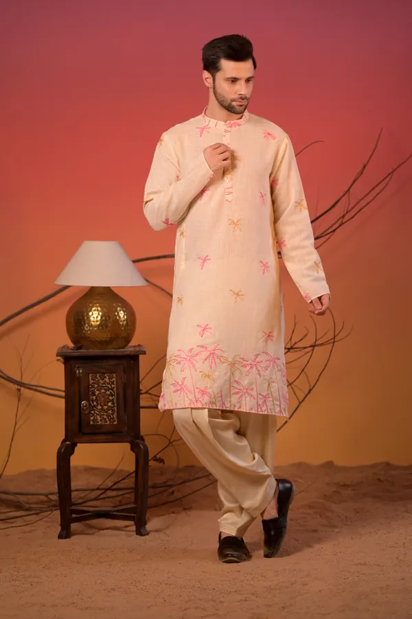 Off-White_Embroidered_Linen_Kurta_With_Pink_&_Mustard_Palm_Motifs_And_Cream_Salwar_Set_For_Men