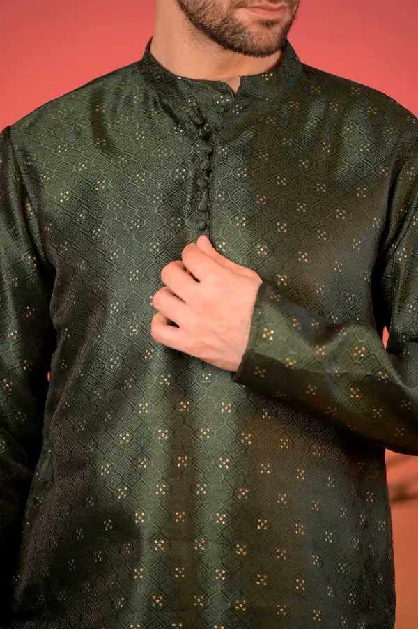 Olive_Green_Silk_Kurta_With_White_Salwar_Set_For_Unisex