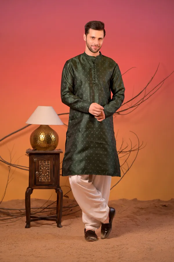 Olive_Green_Silk_Kurta_With_White_Salwar_Set_For_Unisex