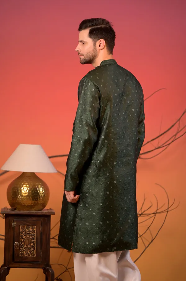 Olive_Green_Silk_Kurta_With_White_Salwar_Set_For_Unisex