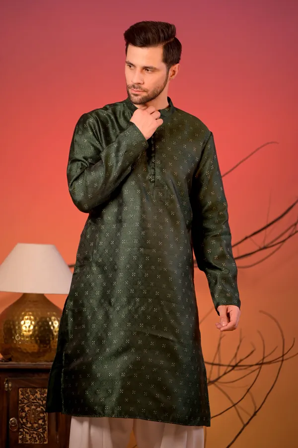 Olive_Green_Silk_Kurta_With_White_Salwar_Set_For_Unisex