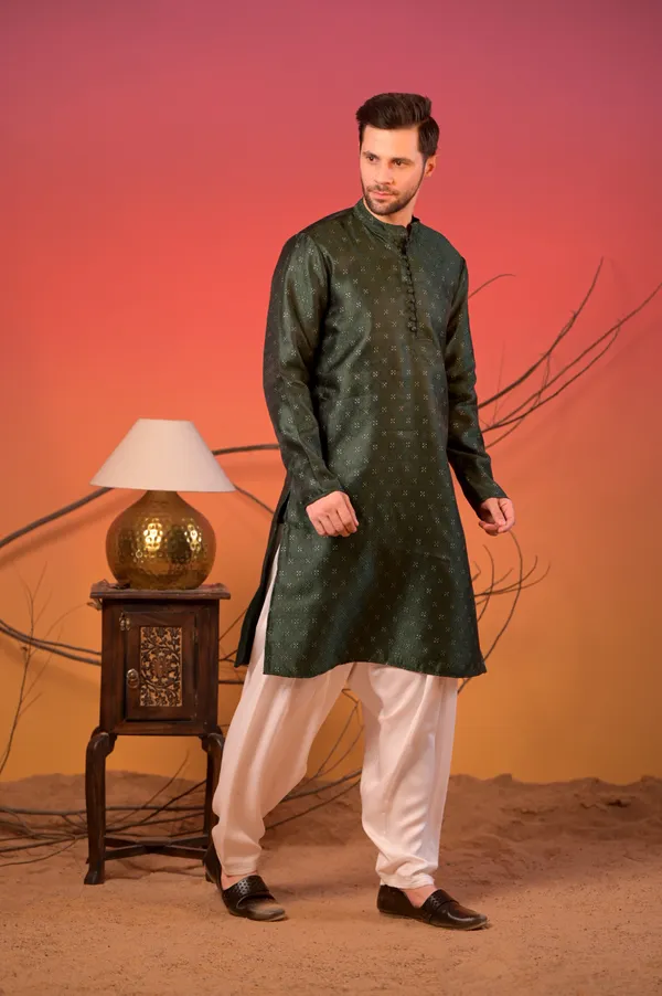 Olive_Green_Silk_Kurta_With_White_Salwar_Set_For_Unisex