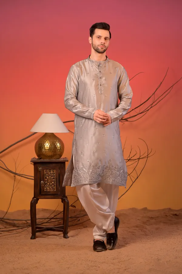 Grey_Silk_Kurta_With_Mirror_Embroidery_&_White_Salwar_Set_For_Unisex