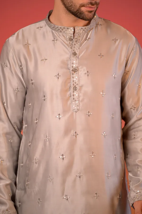Grey_Silk_Kurta_With_Mirror_Embroidery_&_White_Salwar_Set_For_Unisex