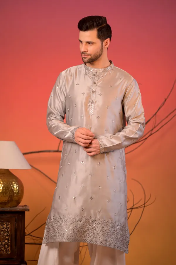 Grey_Silk_Kurta_With_Mirror_Embroidery_&_White_Salwar_Set_For_Unisex
