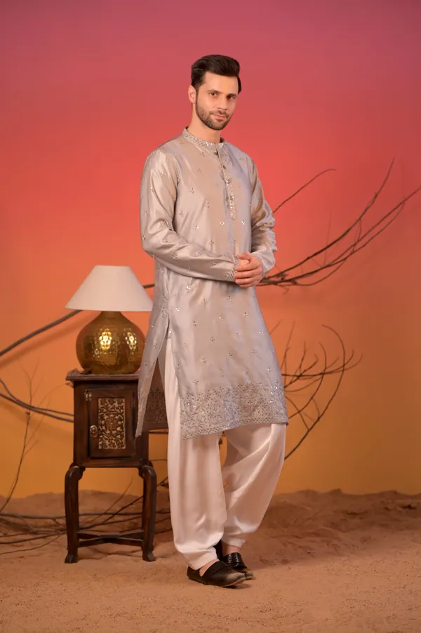 Grey_Silk_Kurta_With_Mirror_Embroidery_&_White_Salwar_Set_For_Unisex