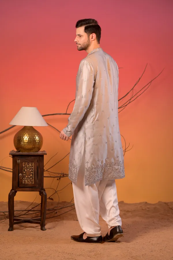 Grey_Silk_Kurta_With_Mirror_Embroidery_&_White_Salwar_Set_For_Unisex