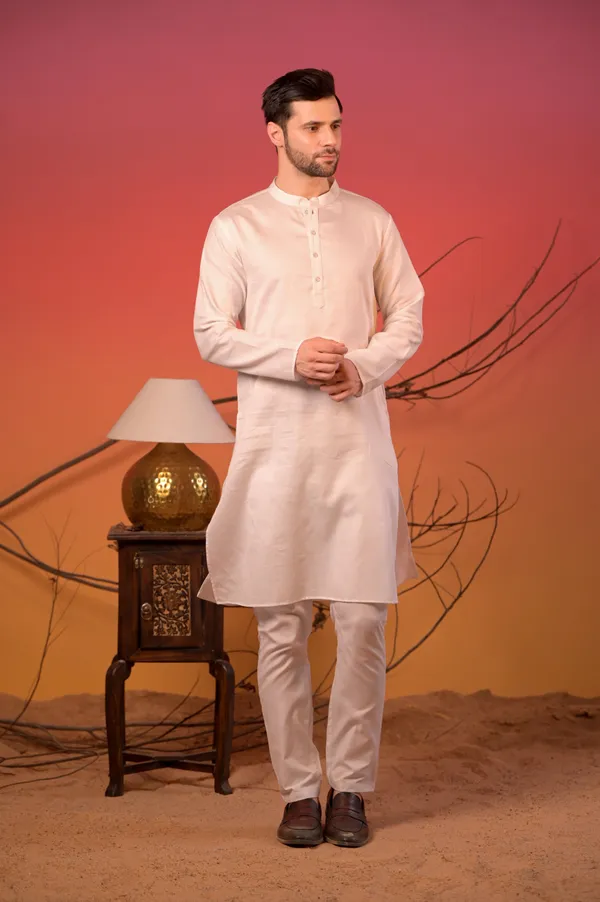White_Satin_Linen_Kurta_With_White_Trousers_Set_For_Men