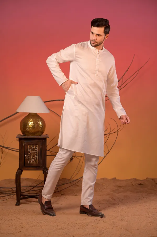 White_Satin_Linen_Kurta_With_White_Trousers_Set_For_Men