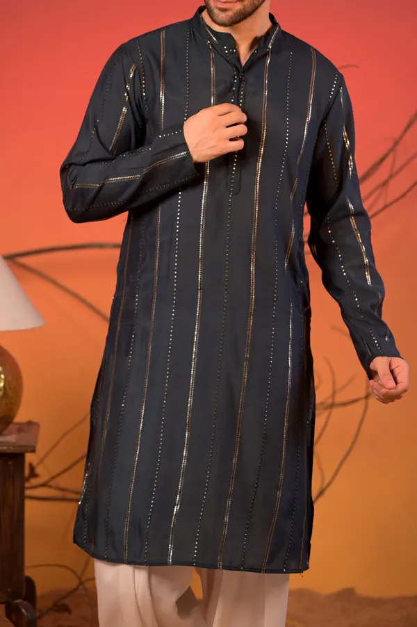 Midnight_Blue_Silk_Kurta_With_Sequin_Embroidery_And_White_Salwar_Set_For_Men