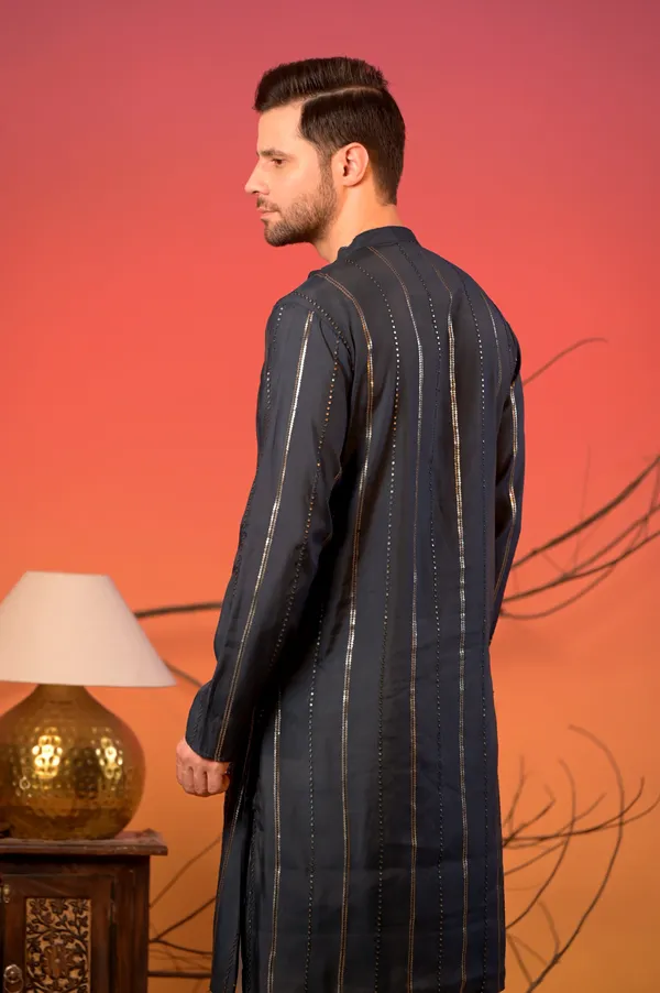 Midnight_Blue_Silk_Kurta_With_Sequin_Embroidery_And_White_Salwar_Set_For_Men