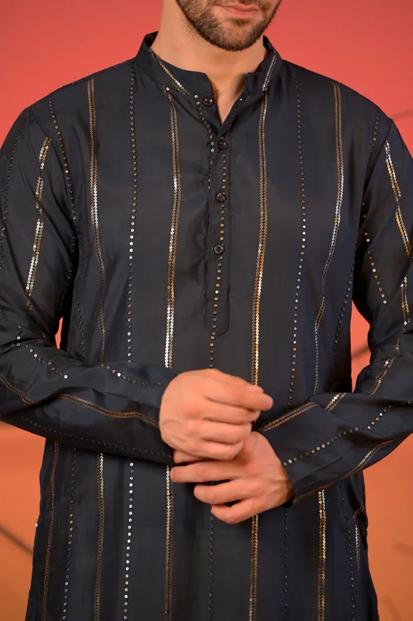 Midnight_Blue_Silk_Kurta_With_Sequin_Embroidery_And_White_Salwar_Set_For_Men