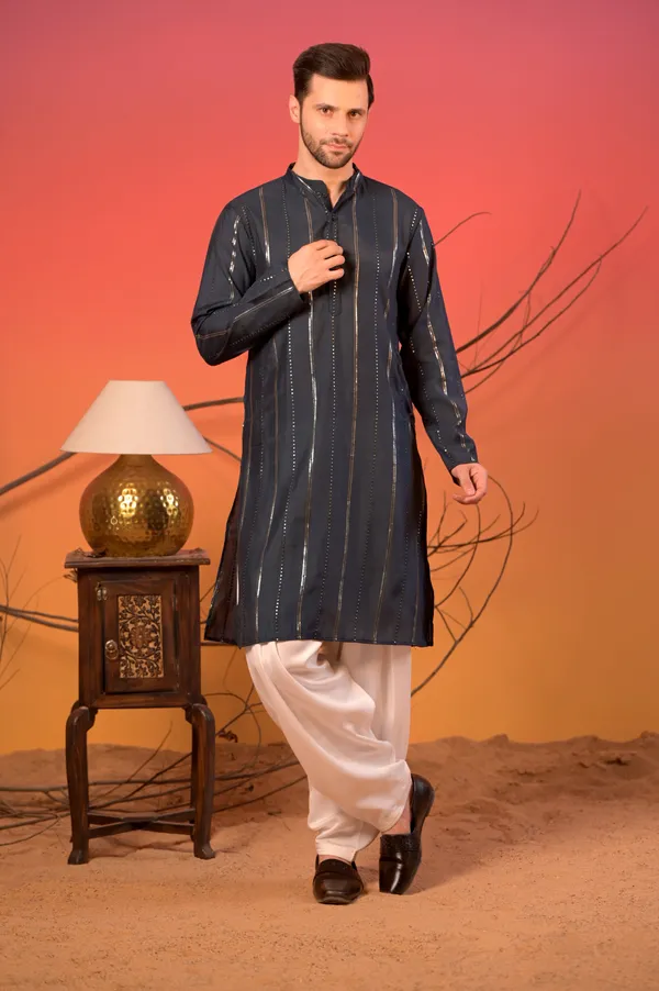 Midnight_Blue_Silk_Kurta_With_Sequin_Embroidery_And_White_Salwar_Set_For_Men