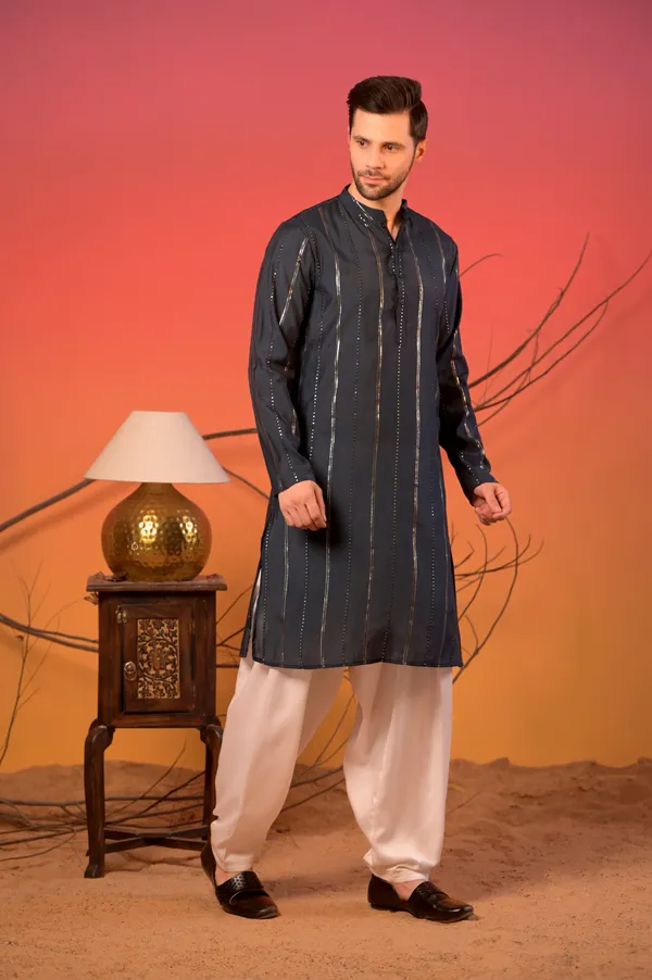 Midnight_Blue_Silk_Kurta_With_Sequin_Embroidery_And_White_Salwar_Set_For_Men