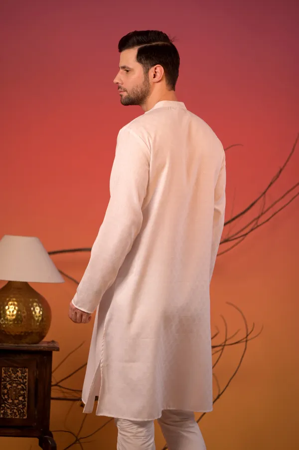 Pure_White_Self-Textured_Kurta_�_Cotton_Jacquard_&_Trousers_Set_For_Men