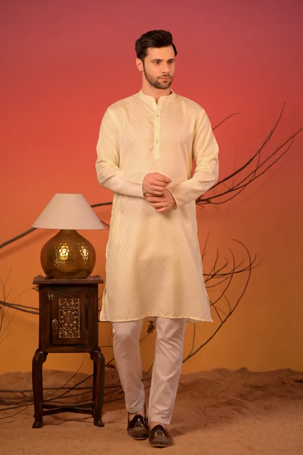 Cream_Jacquard_Kurta_With_Intricate_Self-Woven_Motifs_For_Men